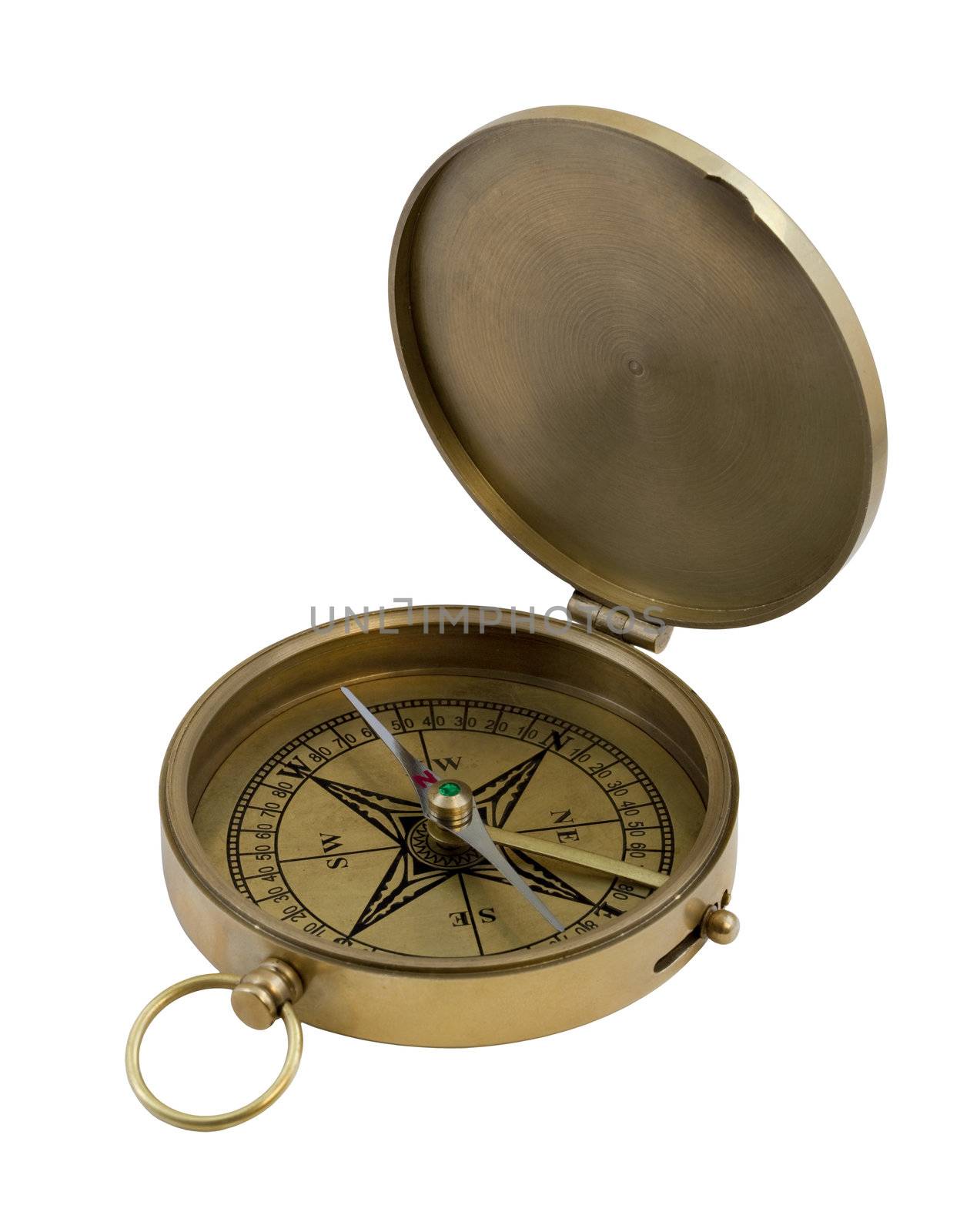 vintage brass pocket compass isolated on white