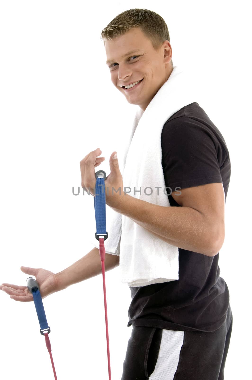 side view of exercising man on an isolated white background