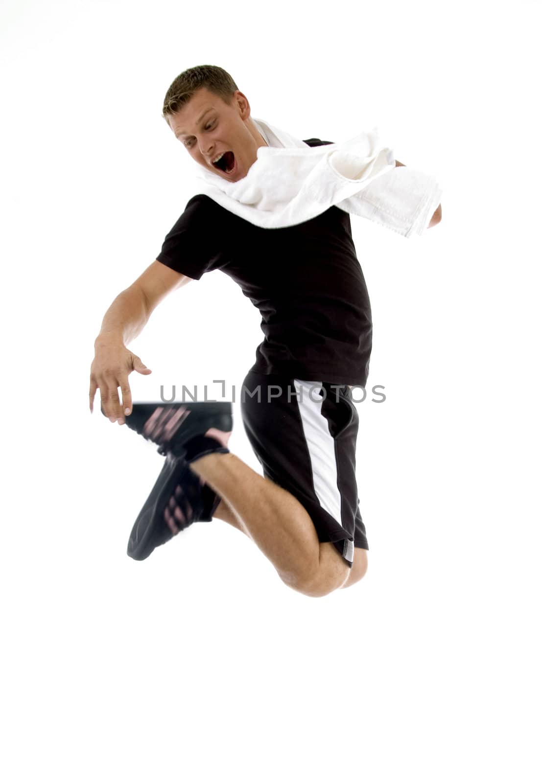 jumping man looking his shoes on an isolated background