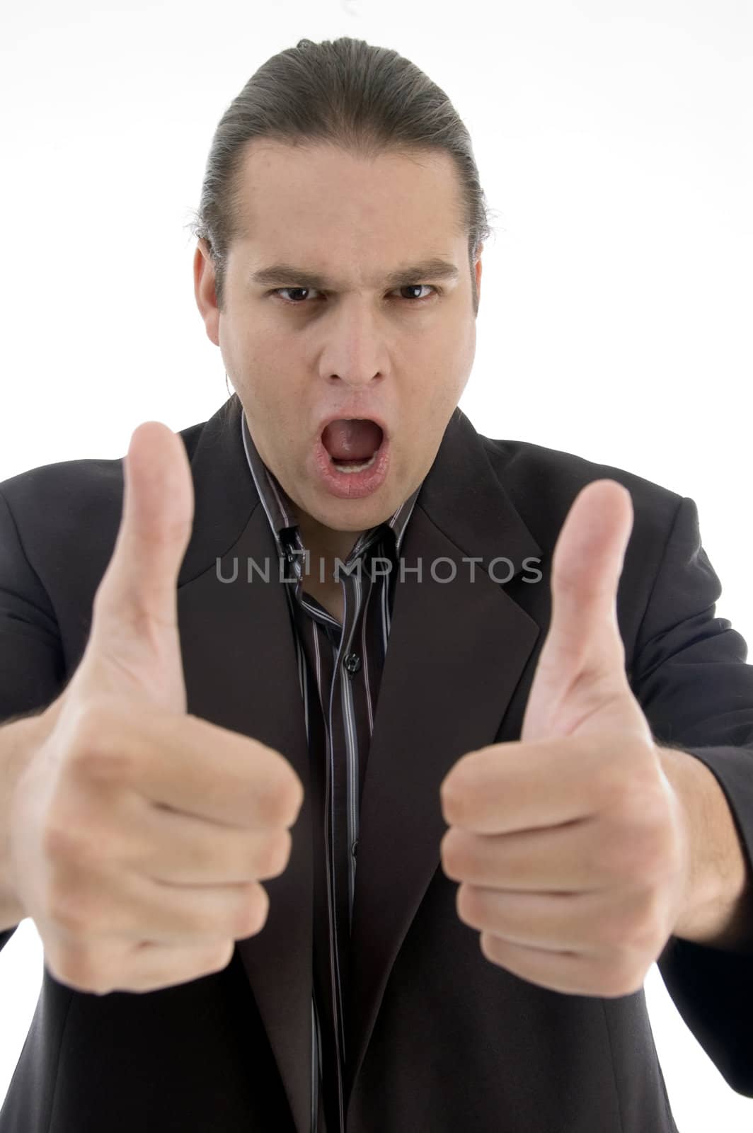 lawyer with thumbs up hand gesture against white background