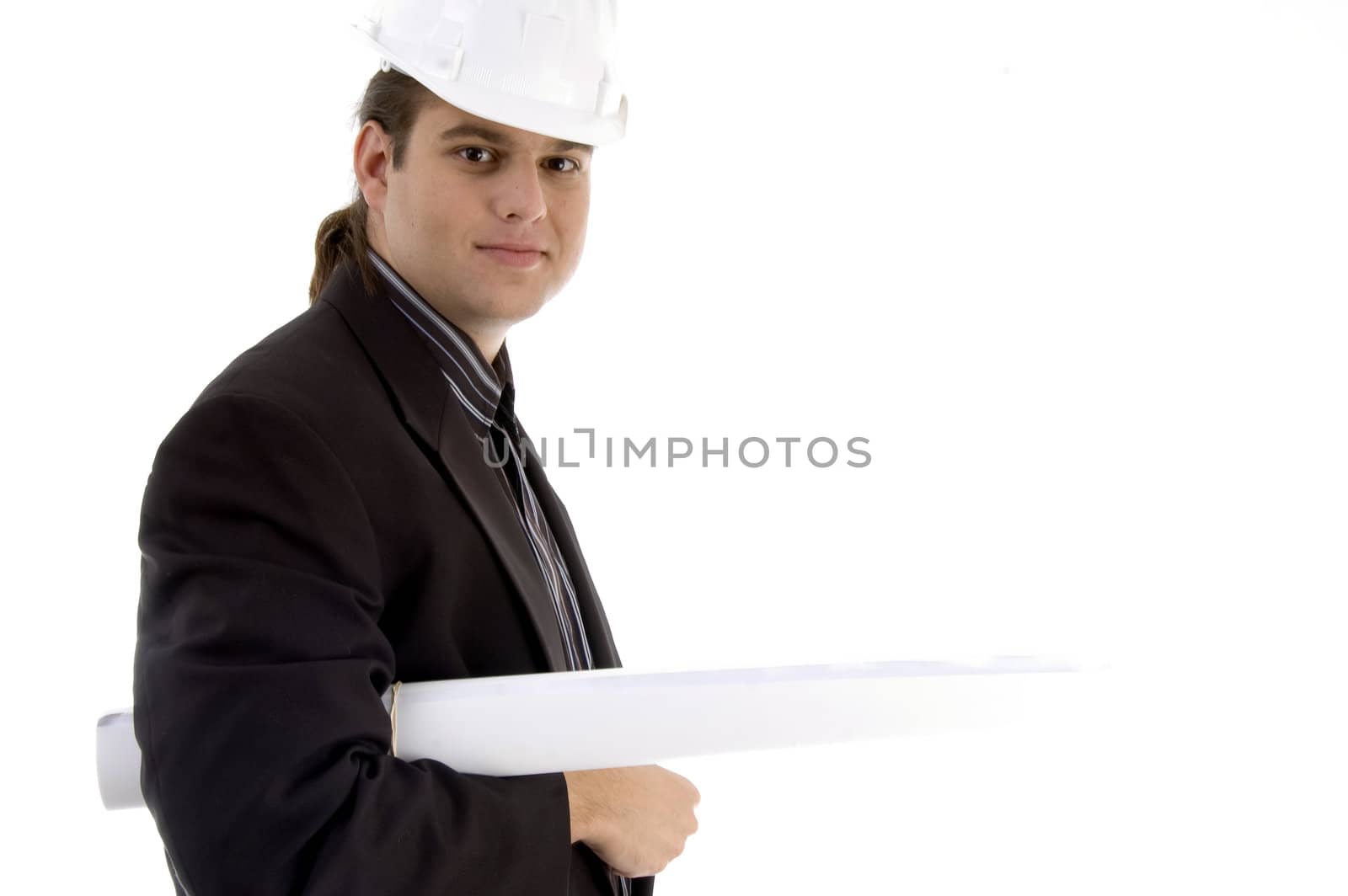 young architect holding blueprints on an isolated white background