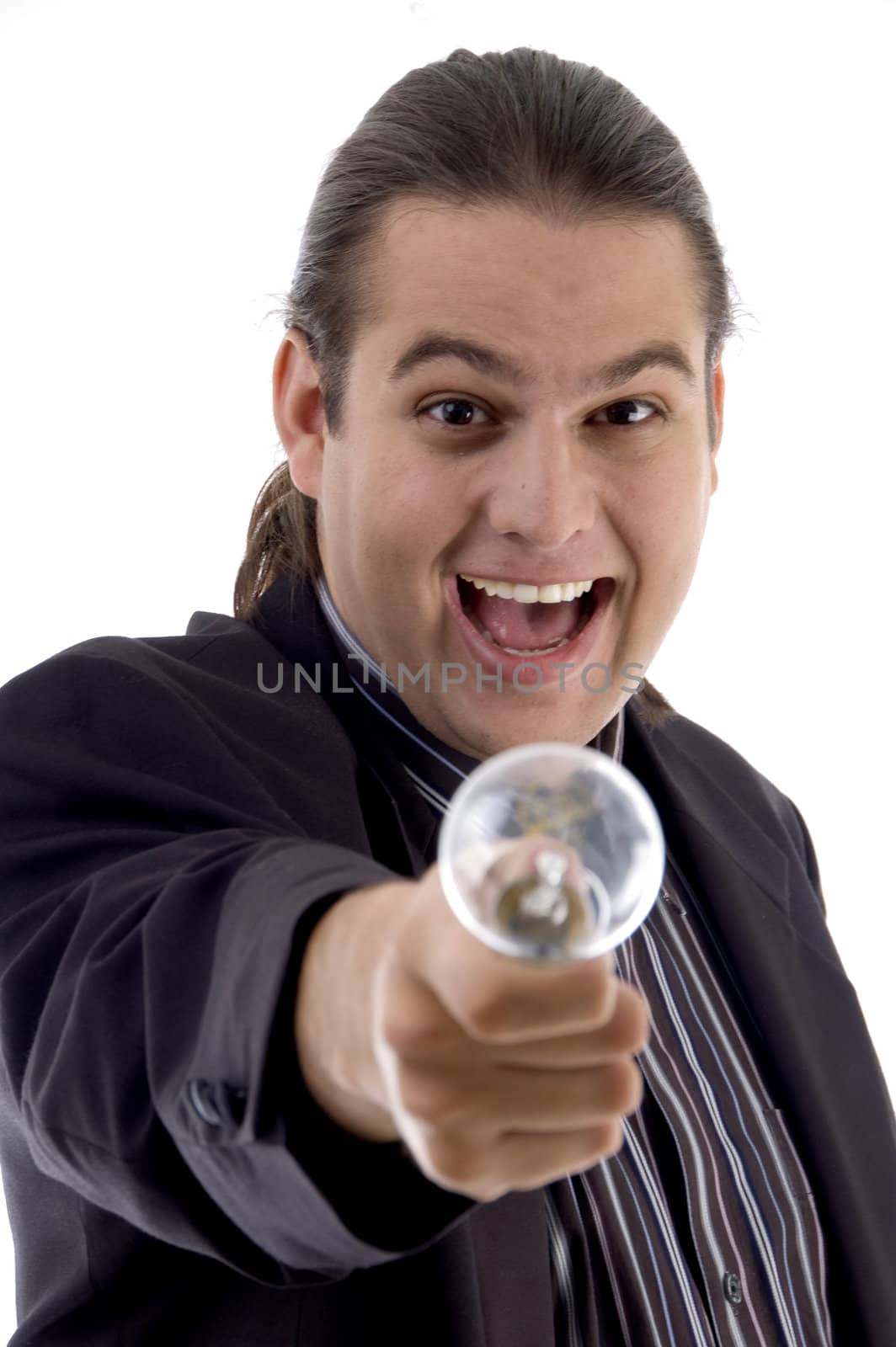executive showing electric bulb isolated on white background