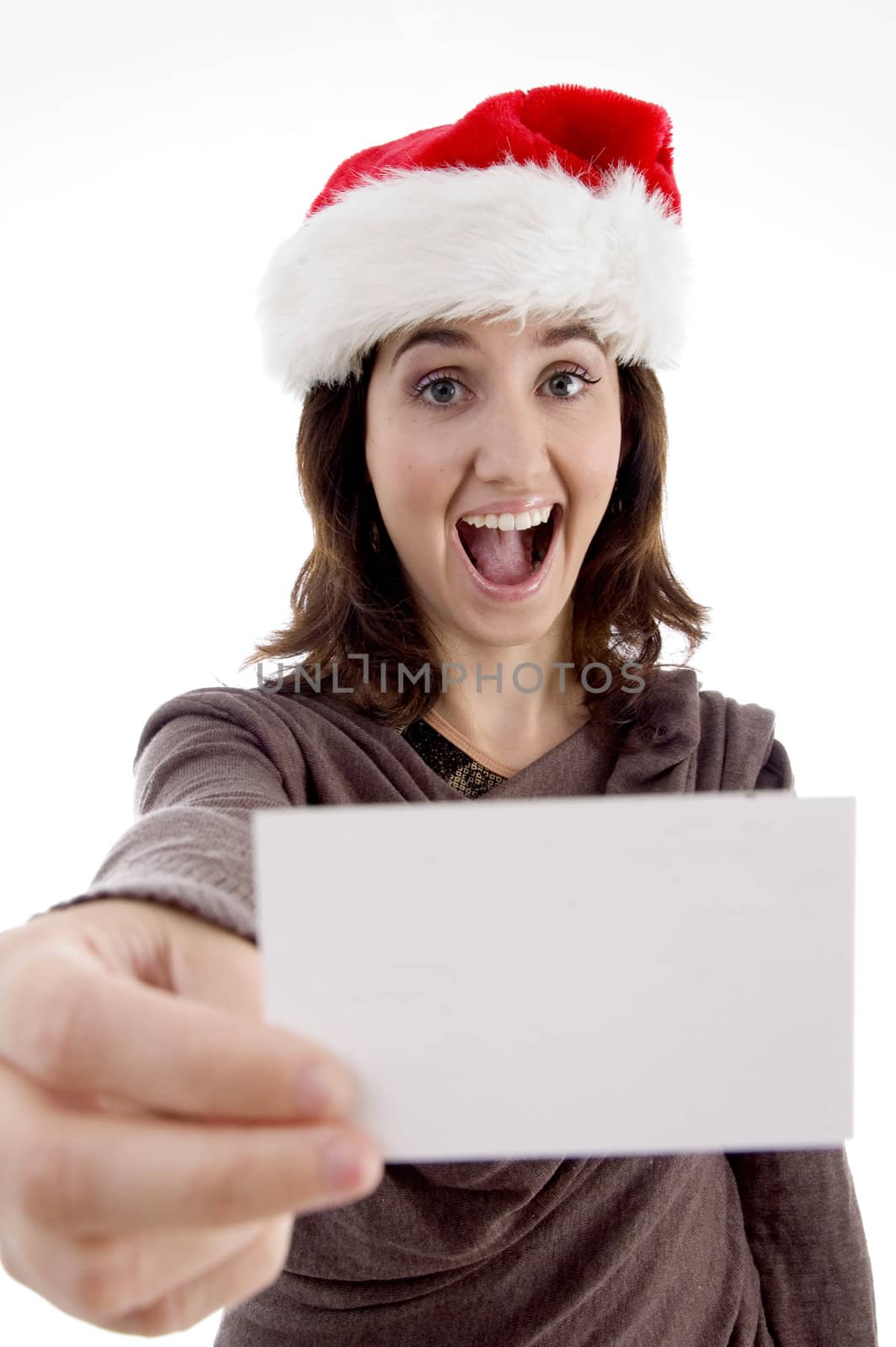 cheerful female showing business card against white background