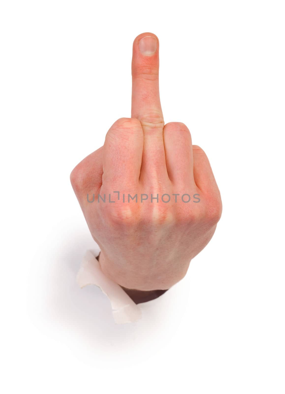 Gesture male hand through white paper photographed on a white background