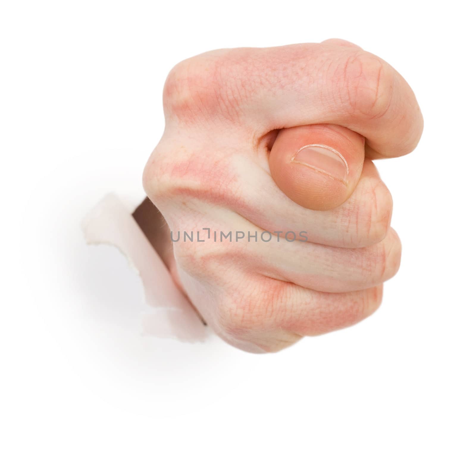 Gesture male hand through white paper photographed on a white background