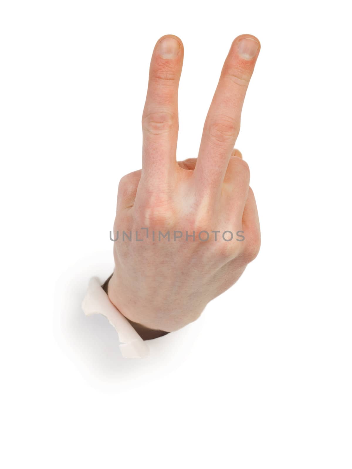 Gesture male hand through white paper photographed on a white background