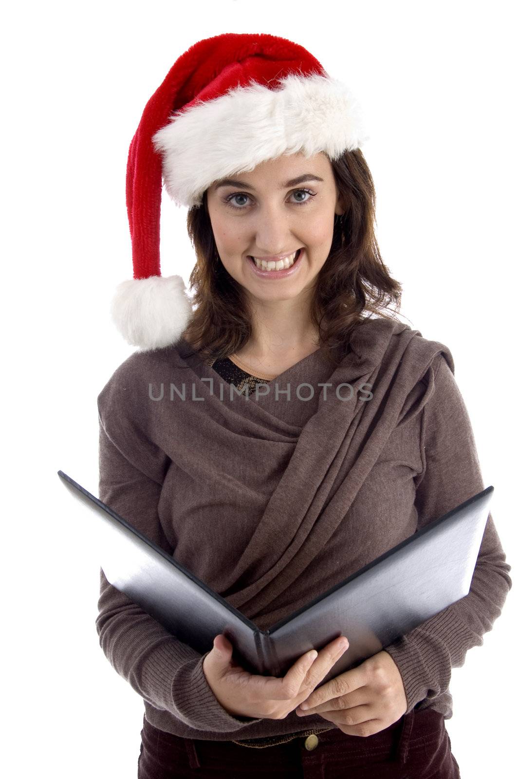 business woman holding files and wearing christmas hat on an isolated white background