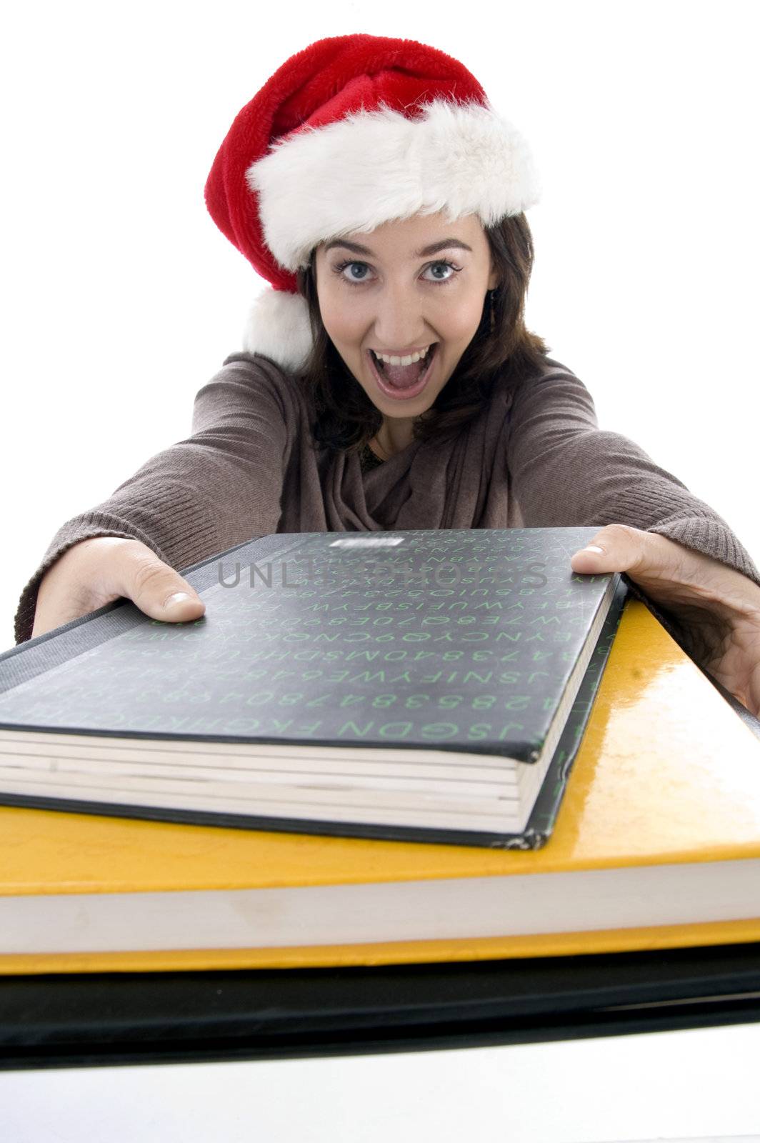 beautiful student in christmas hat with study material isolated on white background