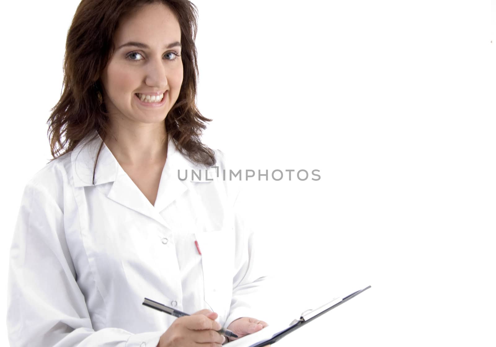 professional lady doctor note down medical prescription against white background