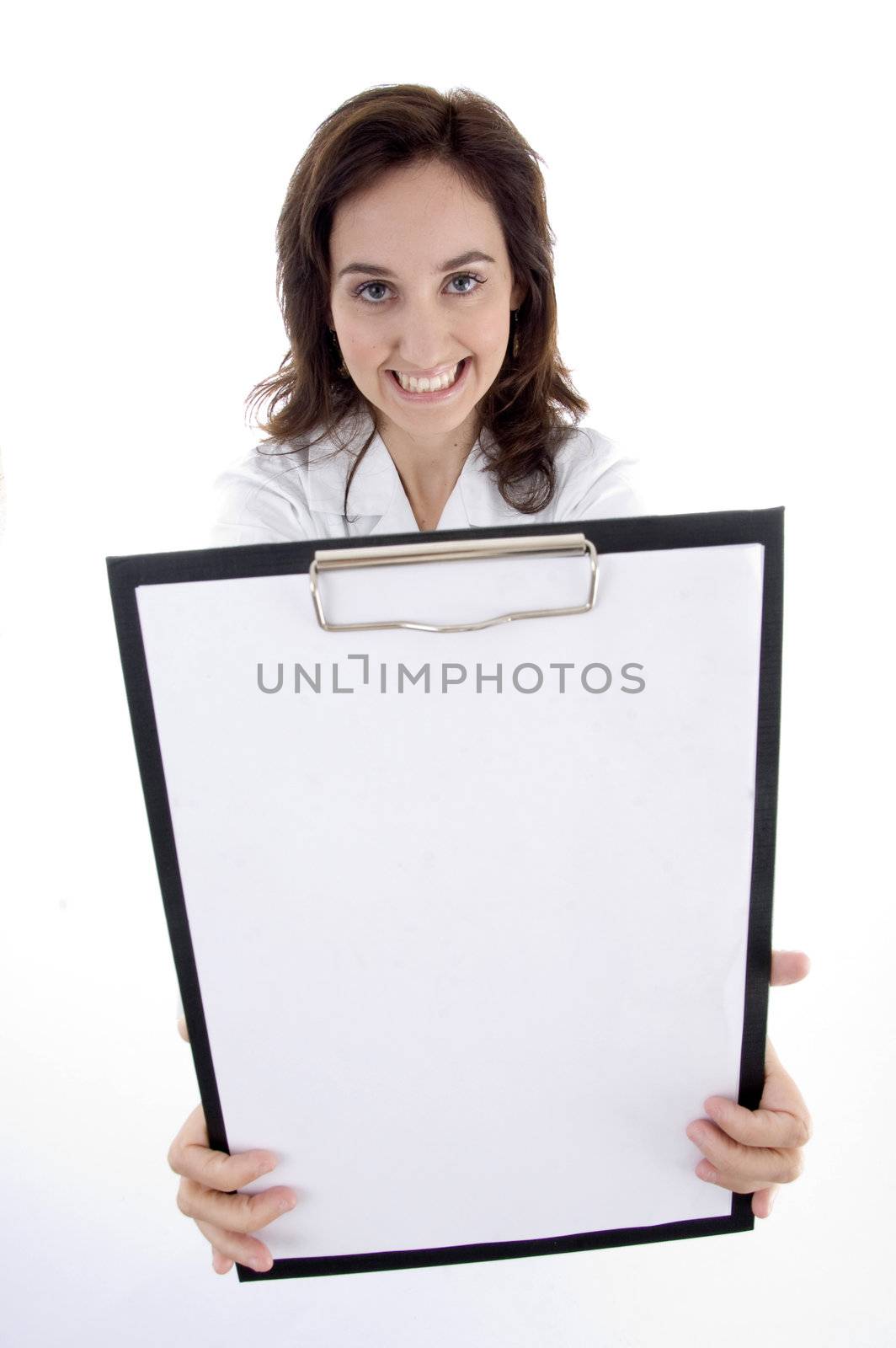 young doctor showing medical prescription with white background