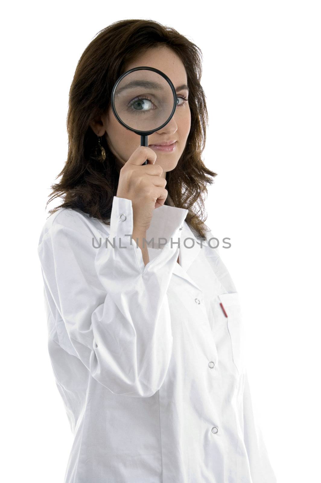 doctor holding magnifier glass with white background
