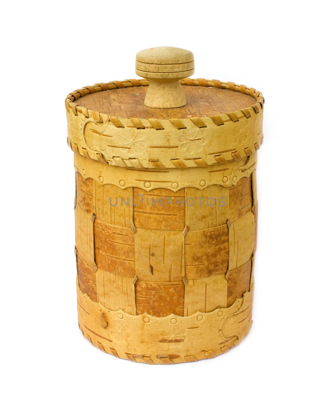 Traditional hand made birch bark box isolated on white background.
