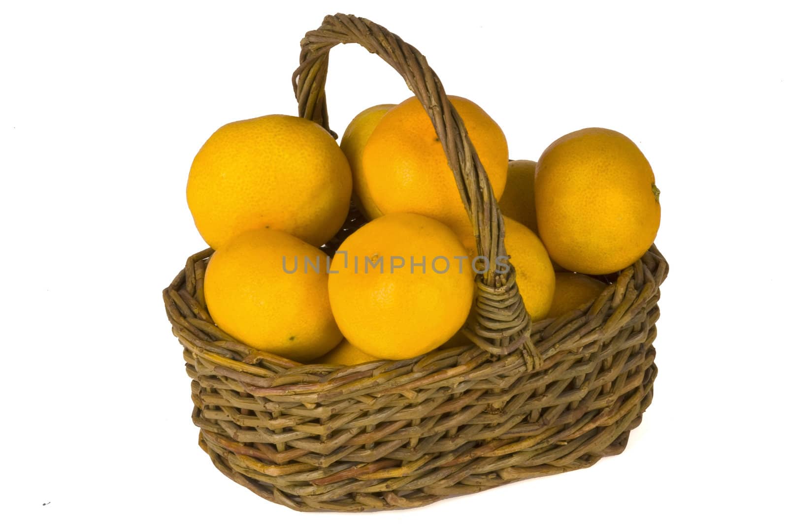 healthy mandarins in a basket on a white background