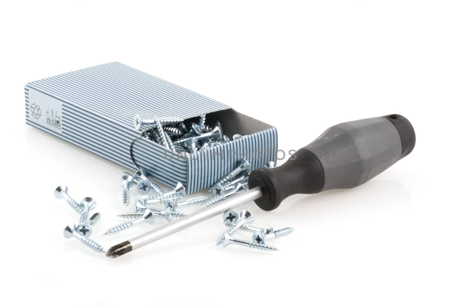 Screwdriver and box with screws isolated on a white background.