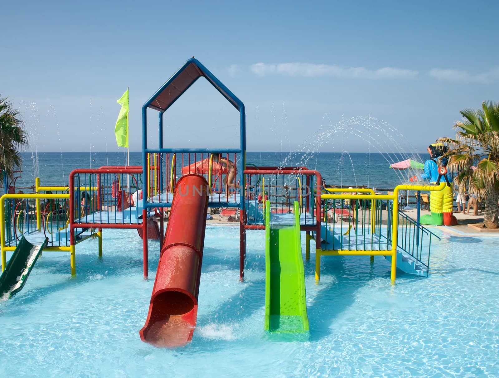 water playground in swimming pool in sea resort