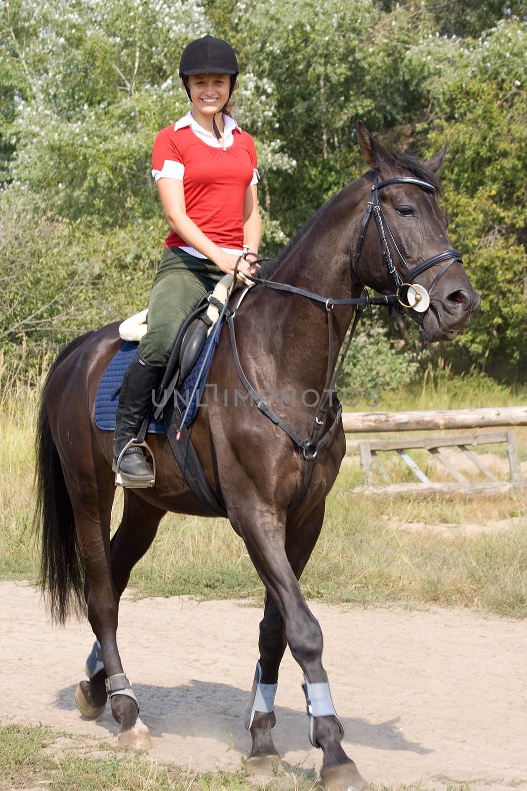 Smiling girl riding on horse