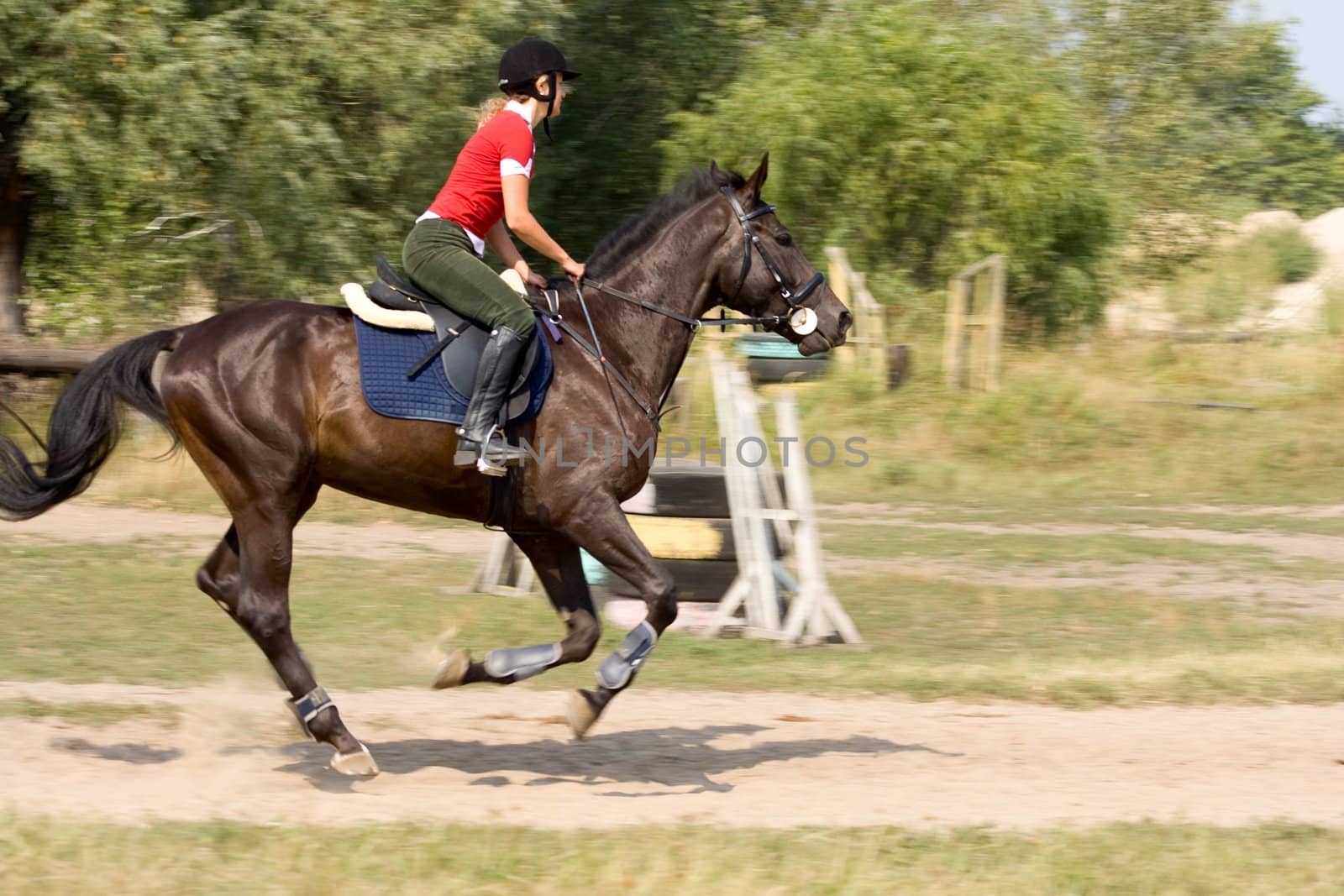 Woman in helmet riding on horse