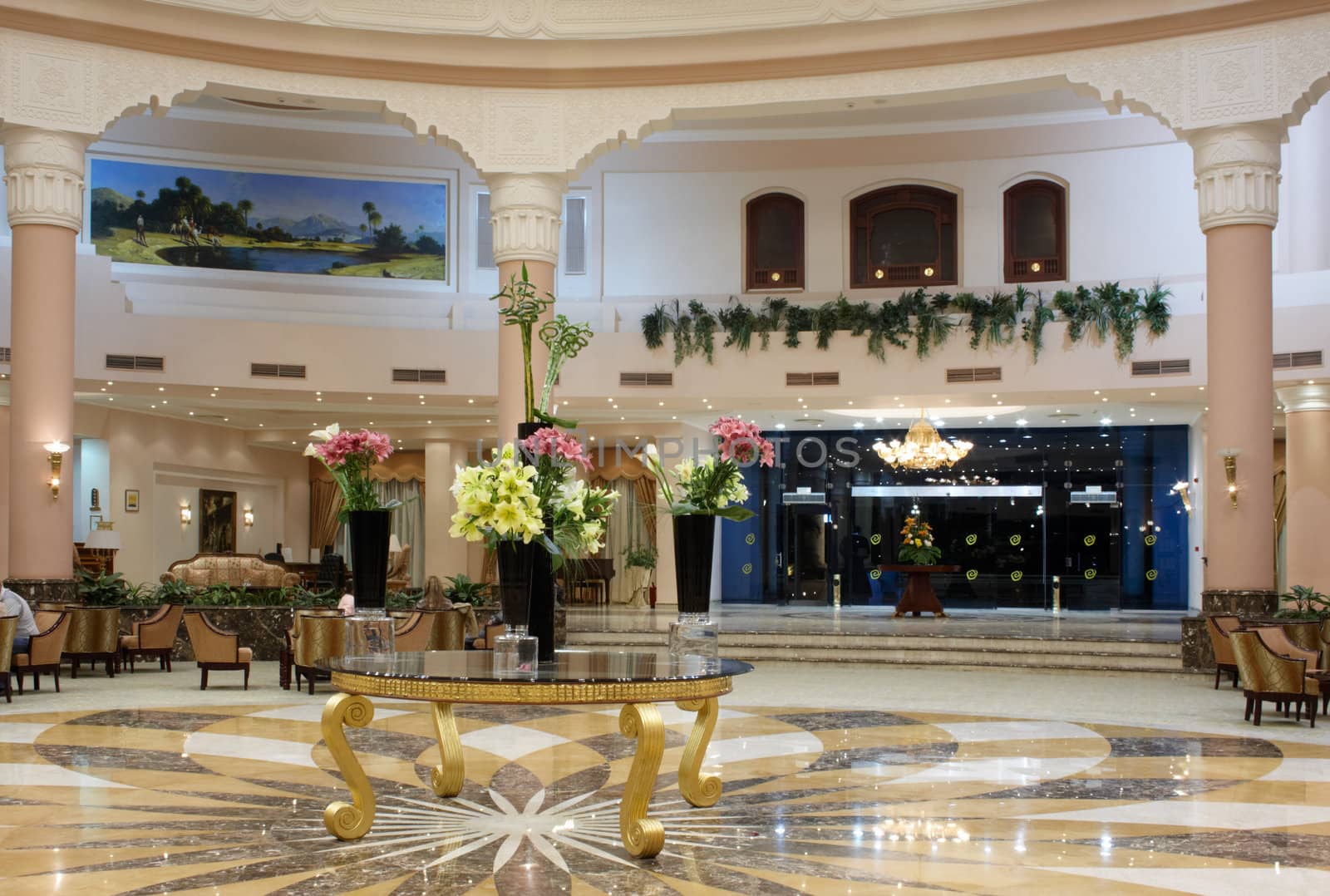 Hall in luxury hotel with marble floor