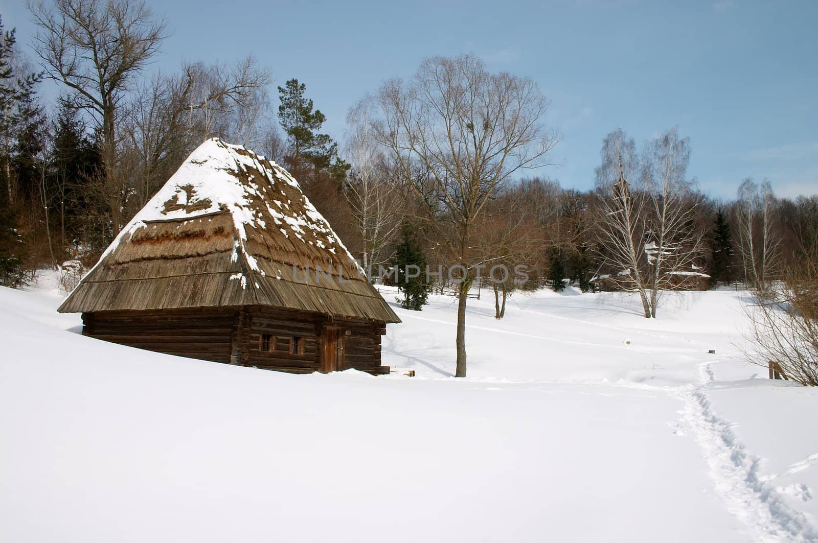 Wooden rural house in the snowy countryside landscape