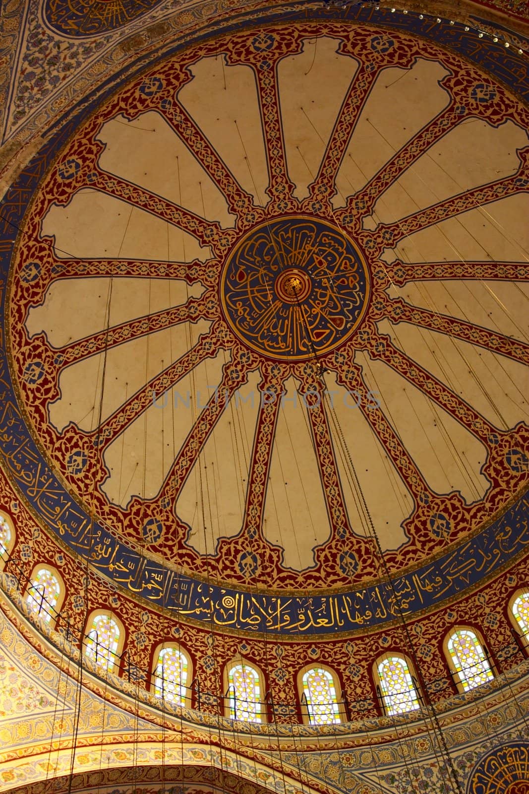 cupola of blue mosque decorated with arabesque