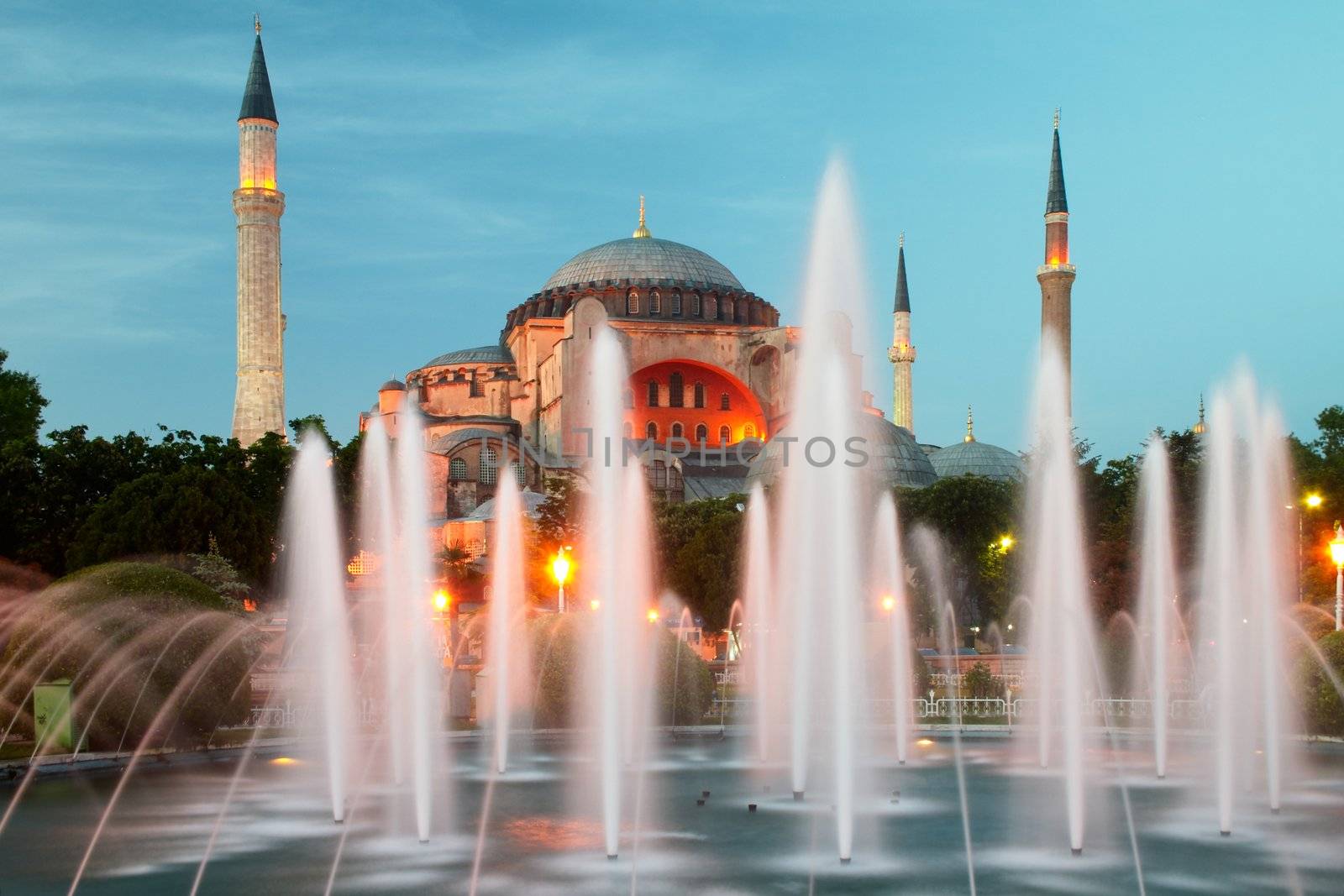 Hagia Sophia museum and fountain with evening illumination