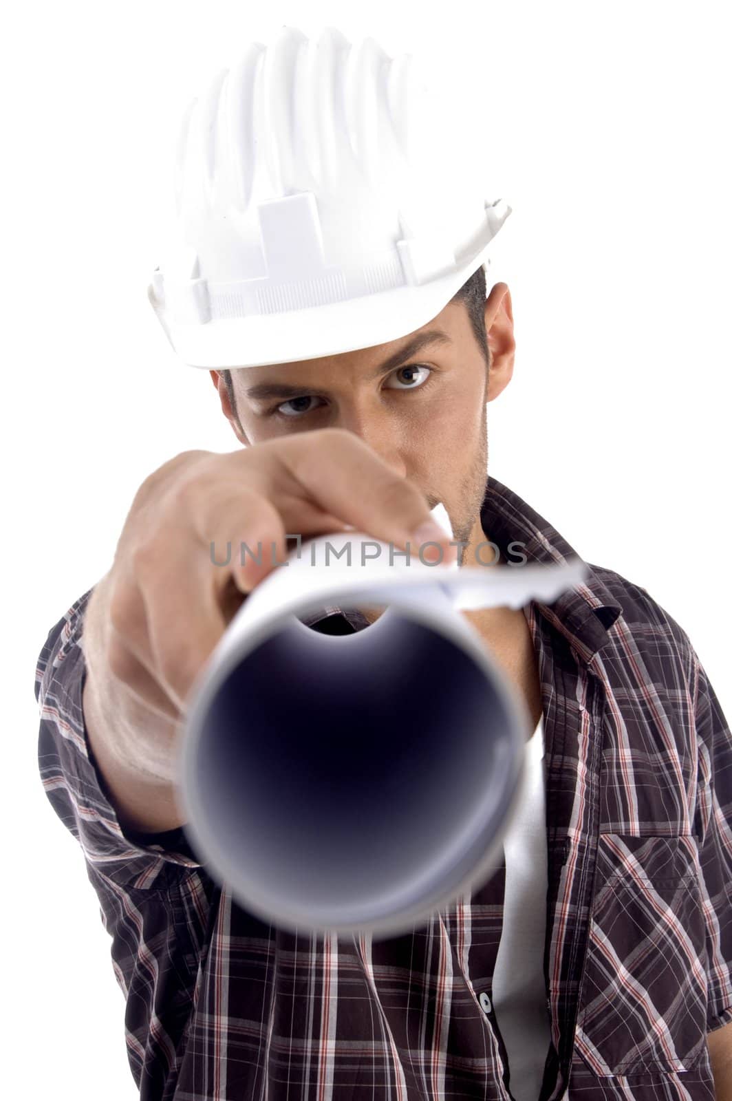 young architect giving close up view of his blue prints against white background