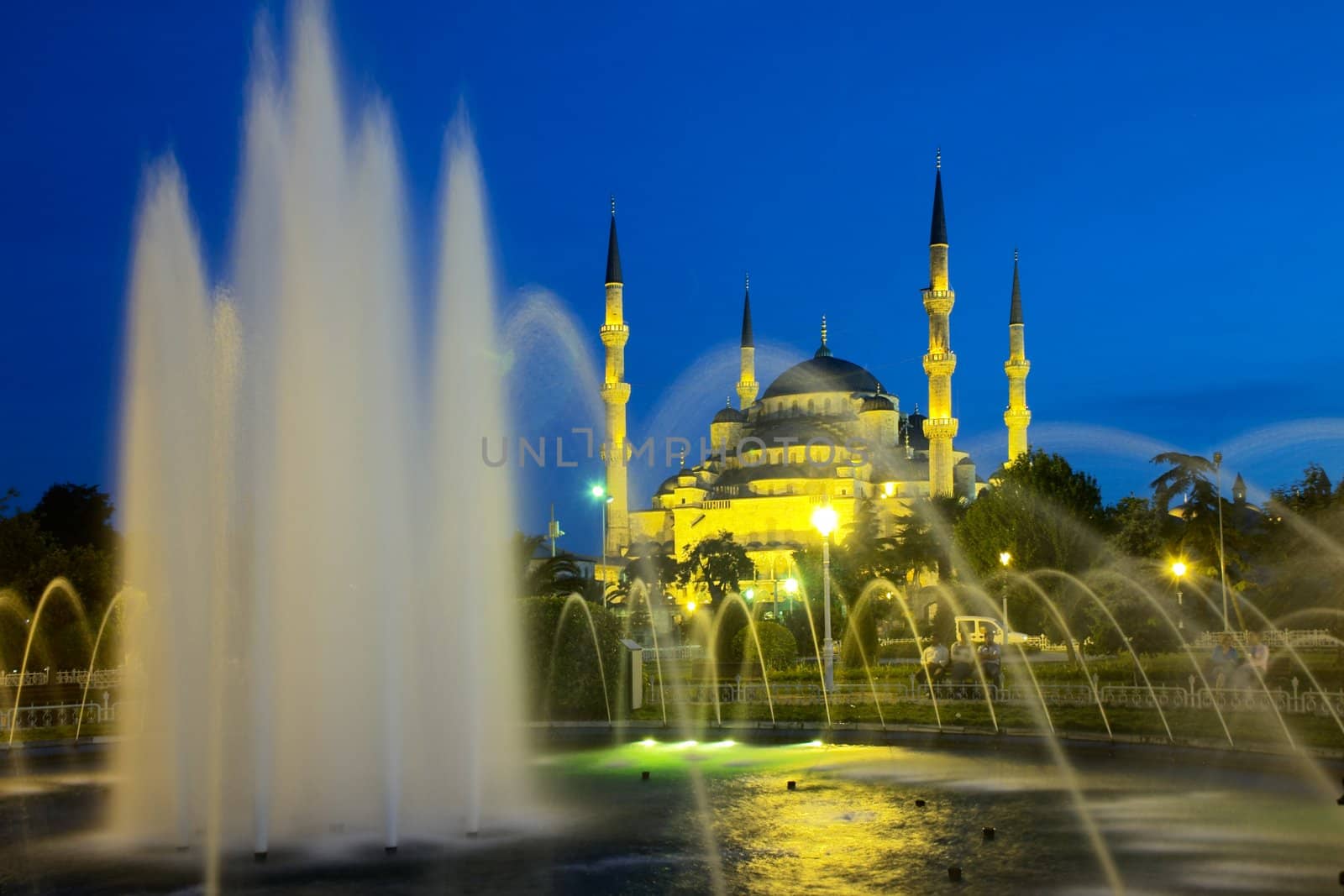 blue mosque in Istanbul and fountain at night