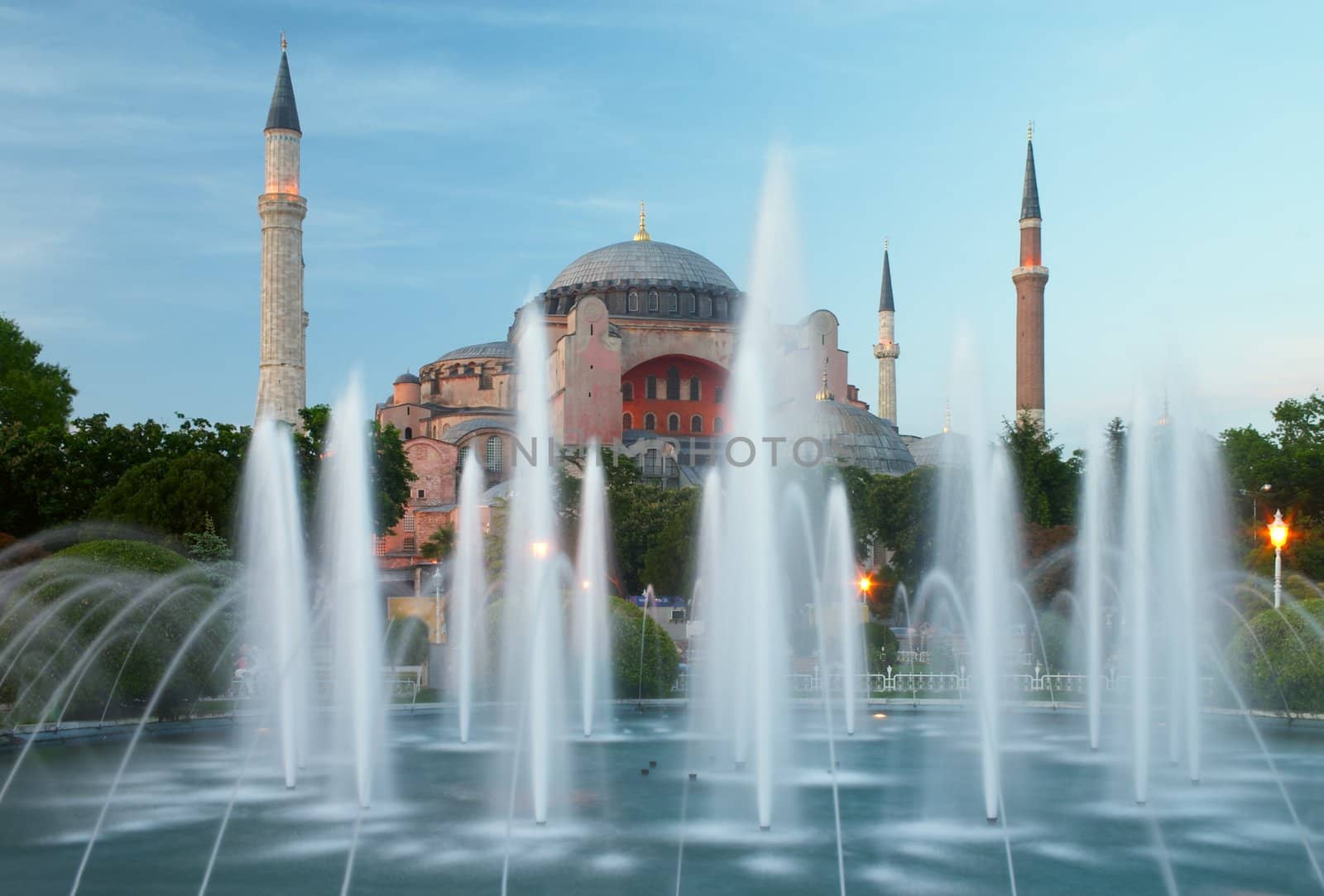 Ayasofya basilica and fountain at evening