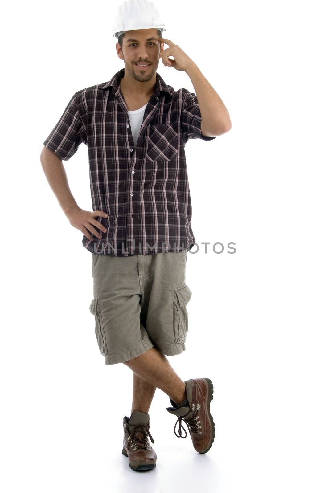 attractive contractor thinking on an isolated white background