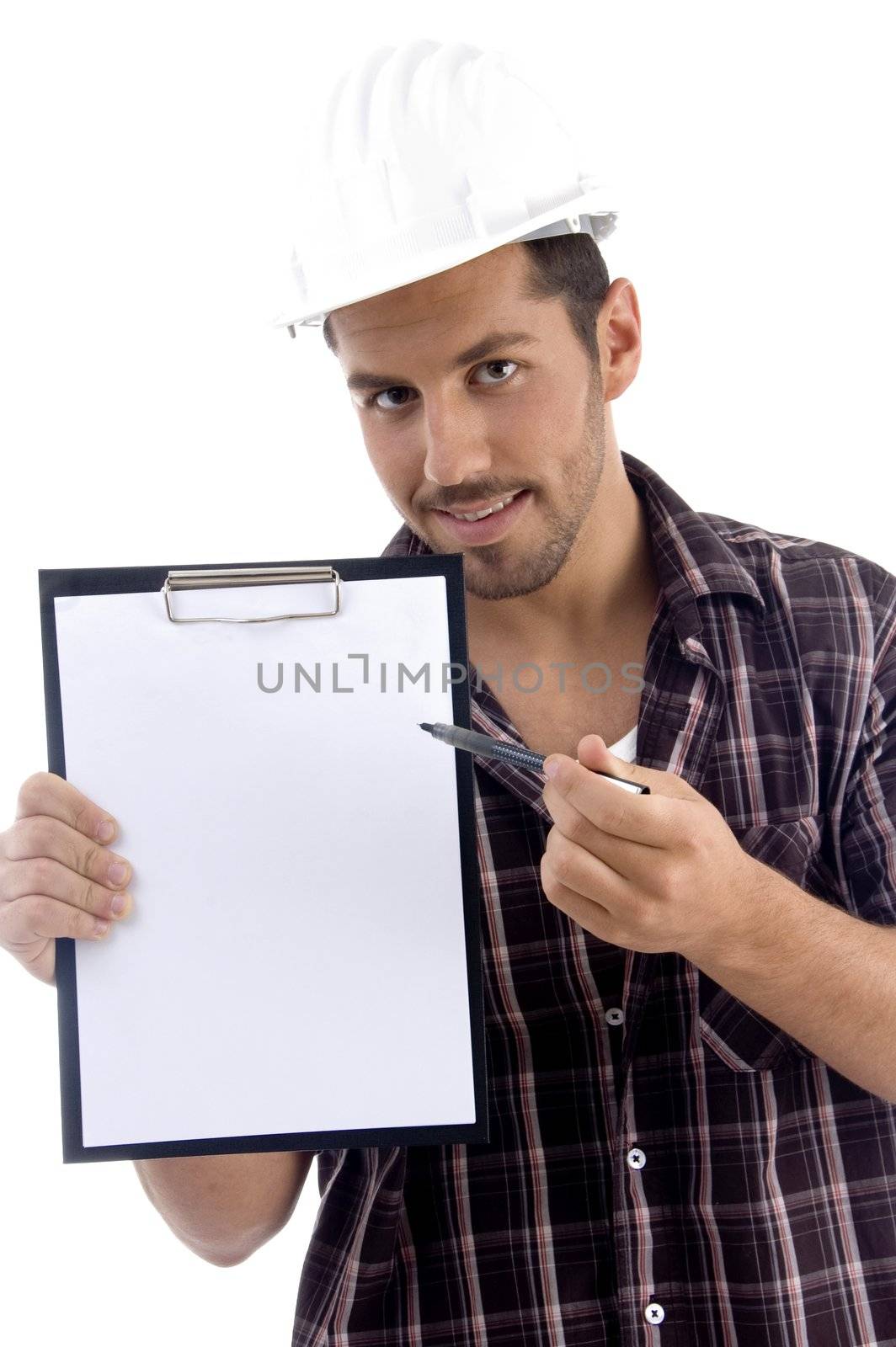 intelligent architect with note pad on white background