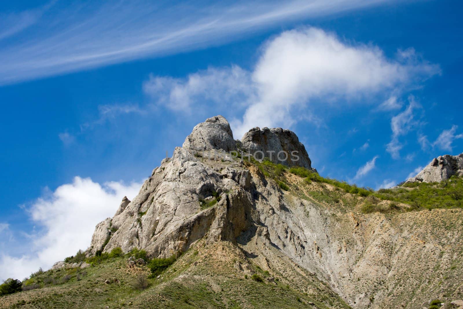 Mountain with cliff at top and blue sky with clouds above it