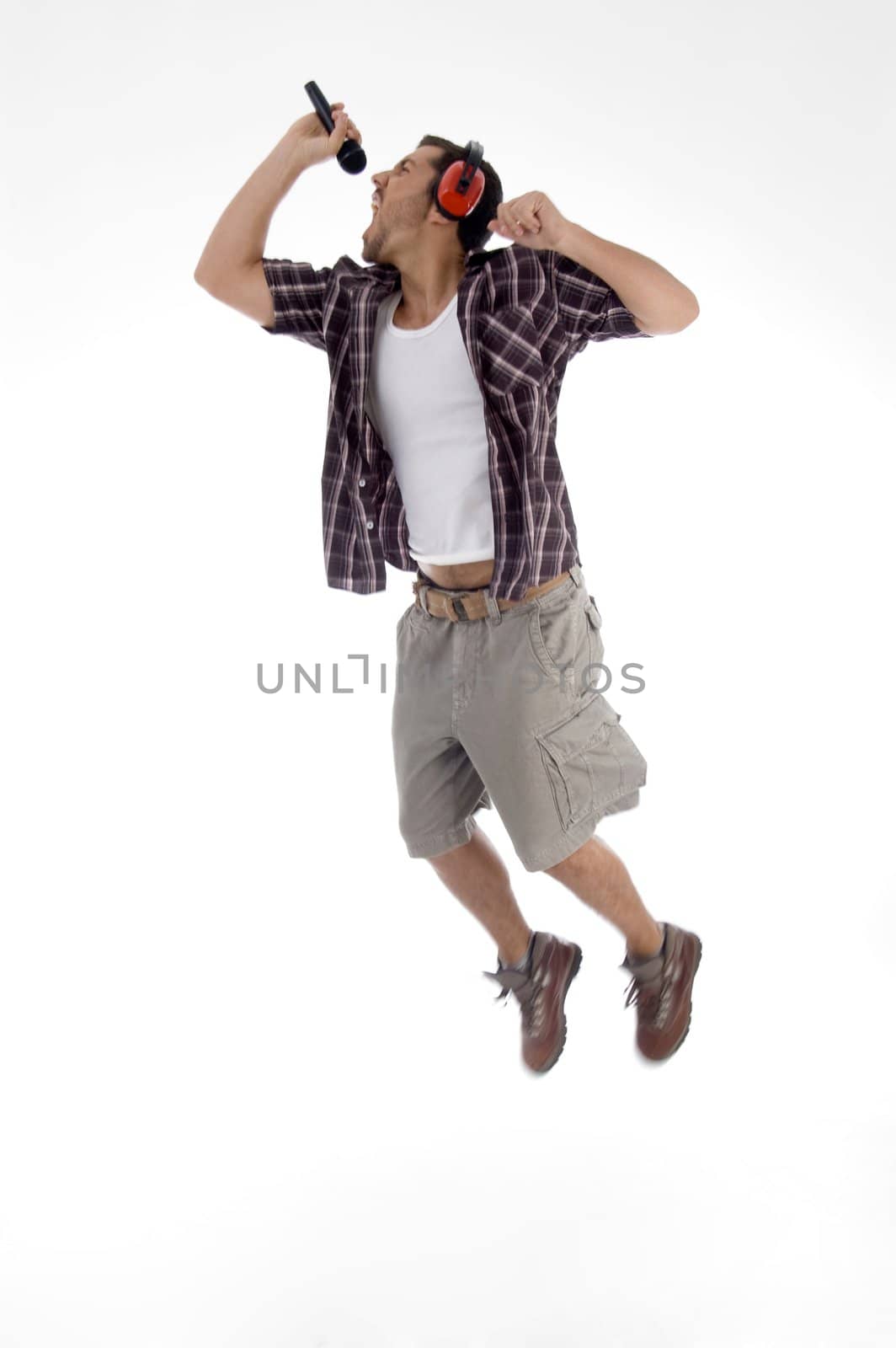 young singer singing a song in rock style on an isolated white background