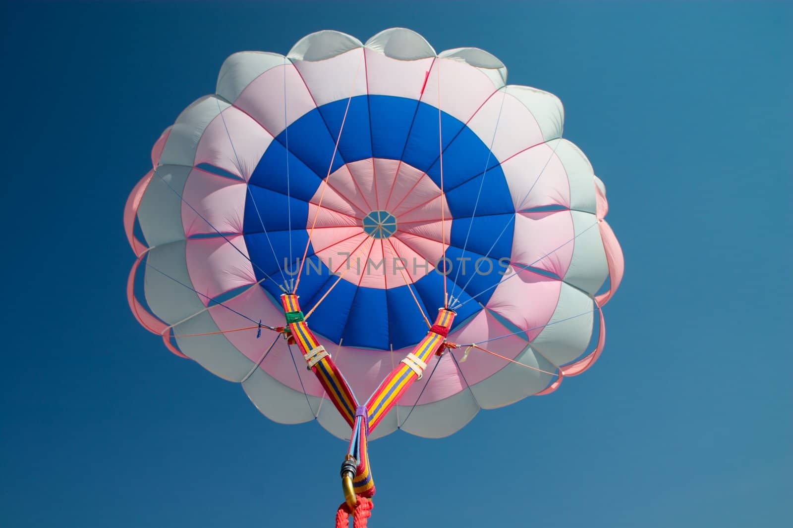 bright parachute canopy in the blue sky