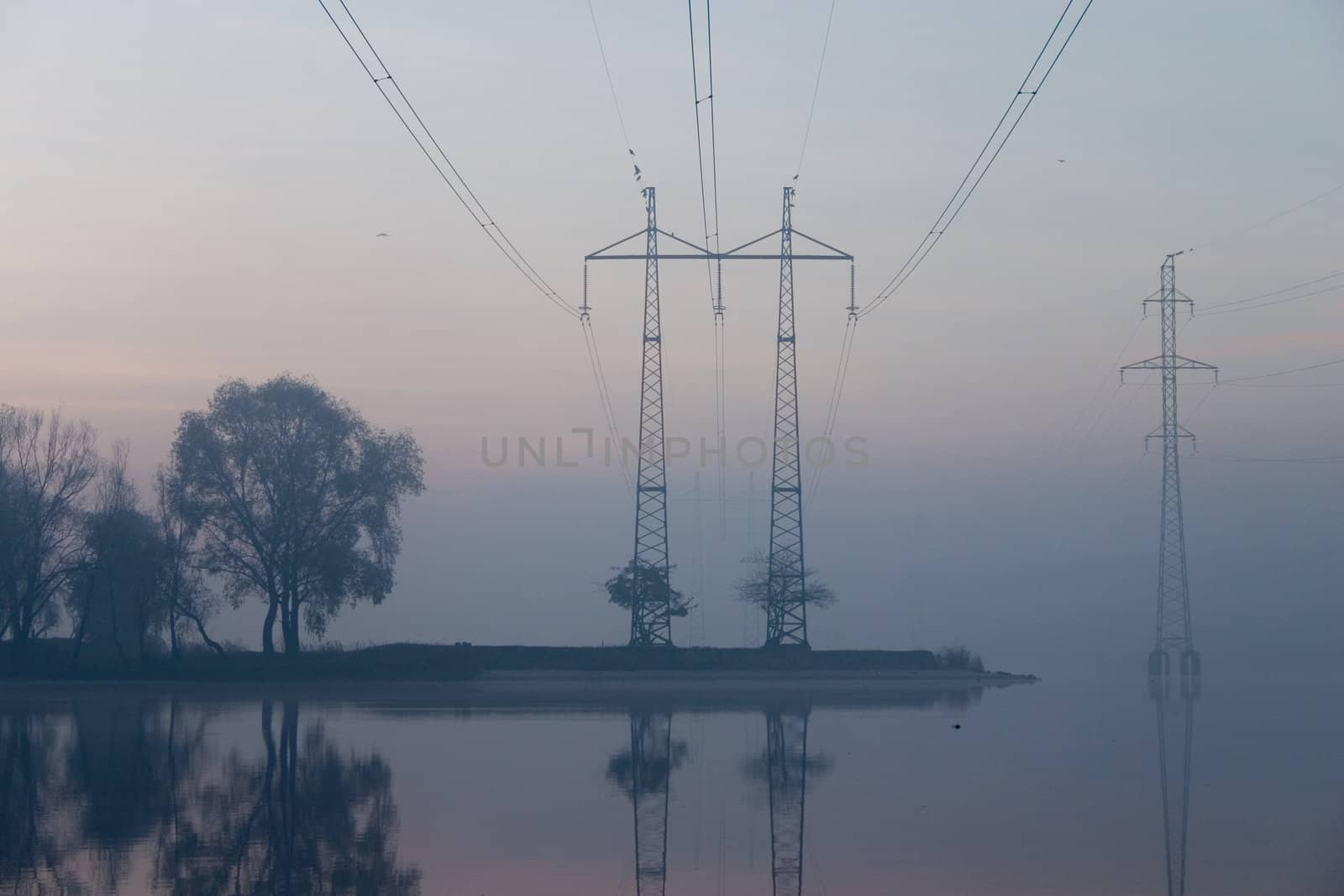 Trees and transmission facilities reflecting in the water