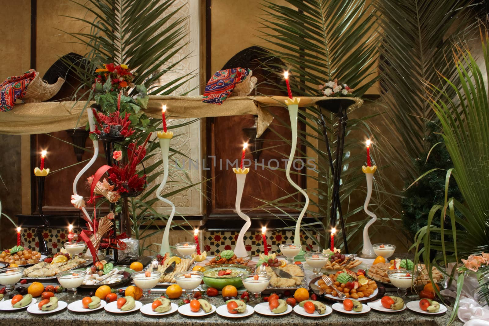 decorated tables with fruit in smorgasbord restaurant in resort