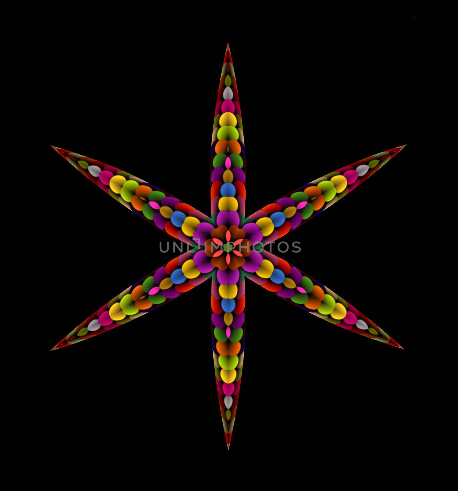 An abstract illustration of a six pointed star done in a rainbow of colors with a stylized floral central motif.