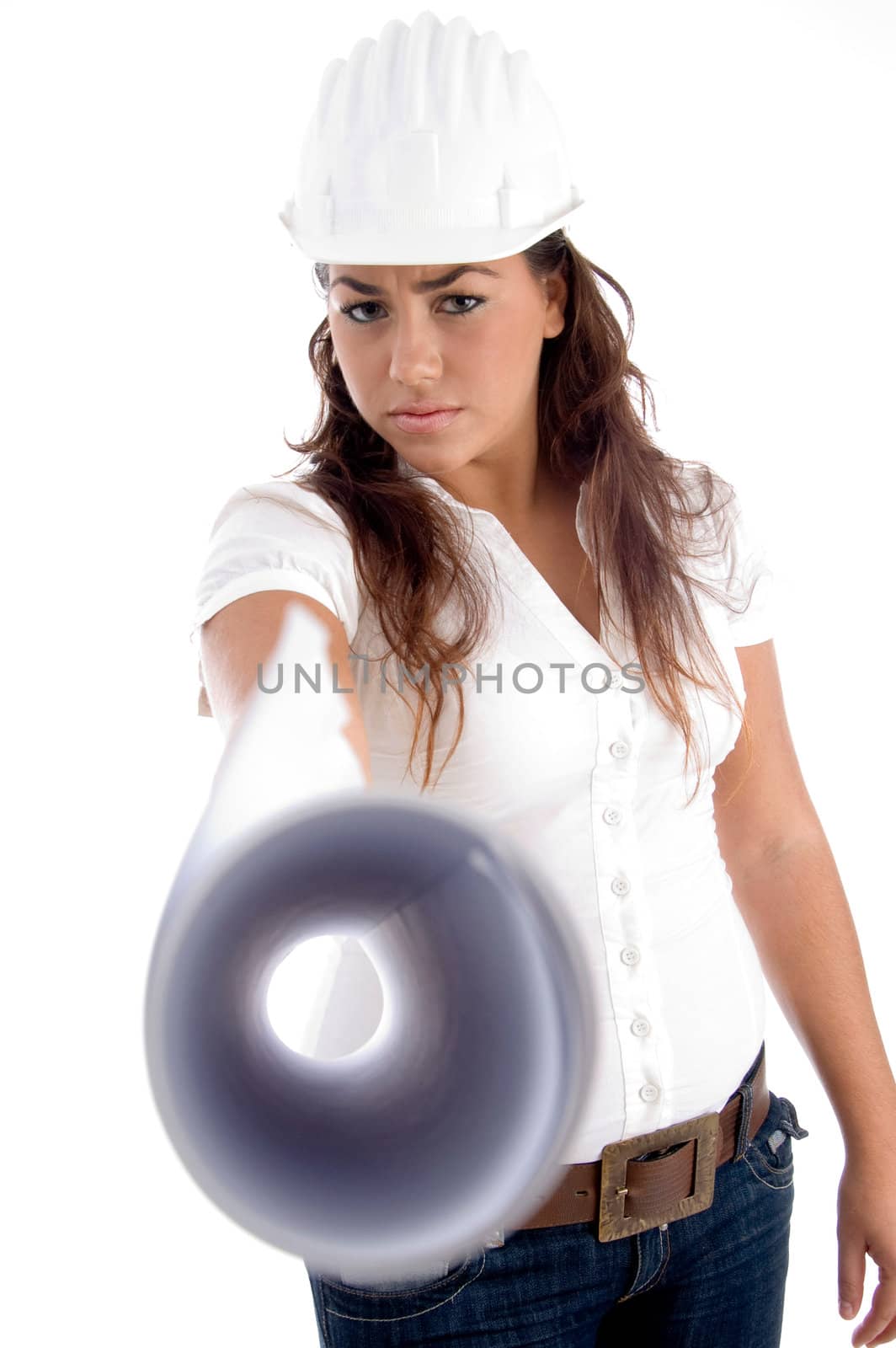 young architect giving close up view of her blue prints against white background