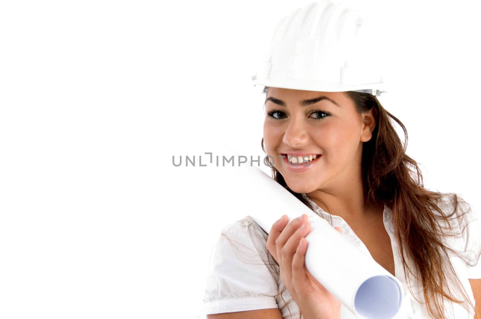 young architect holding blue prints on her shoulder with white background