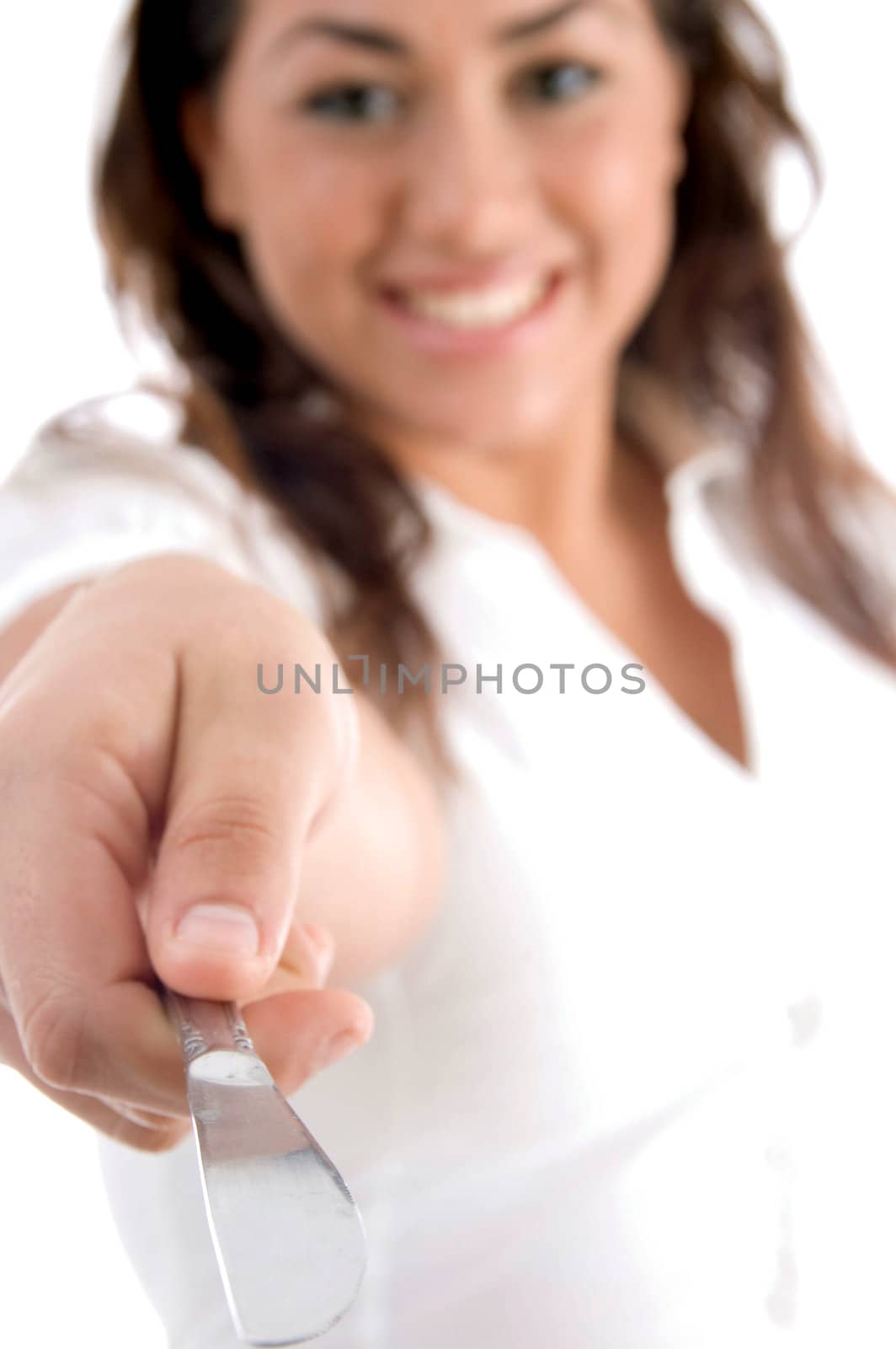 happy woman posing with knife against white background