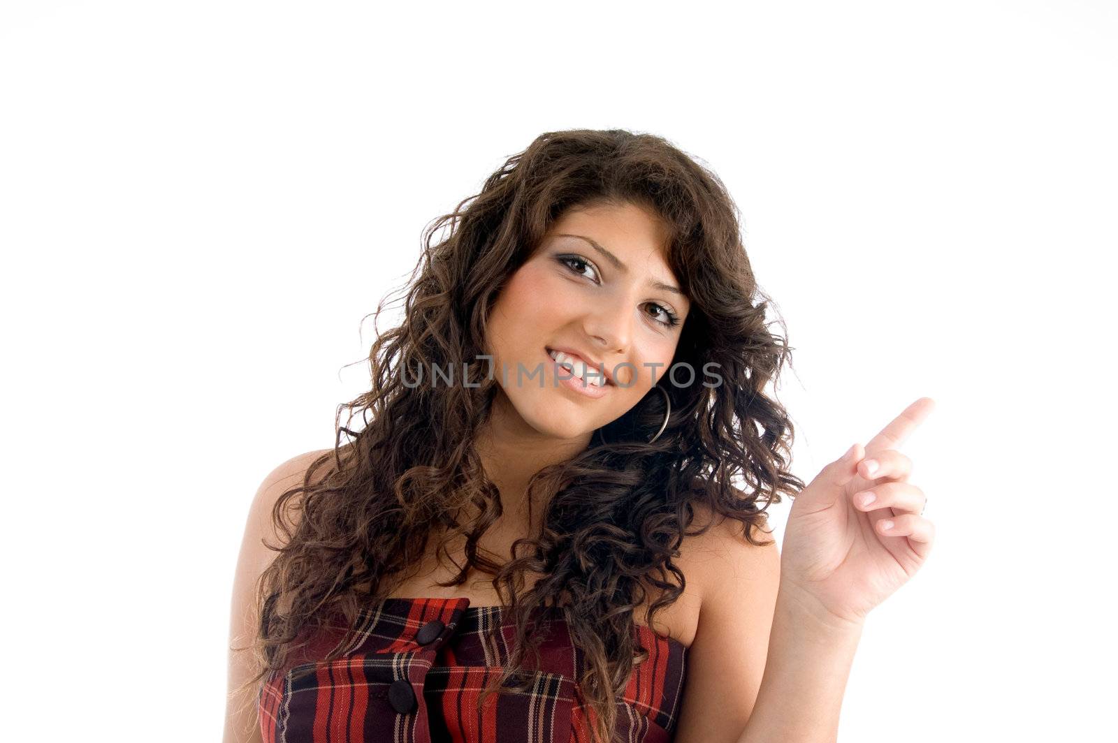 beautiful woman indicating side with white background