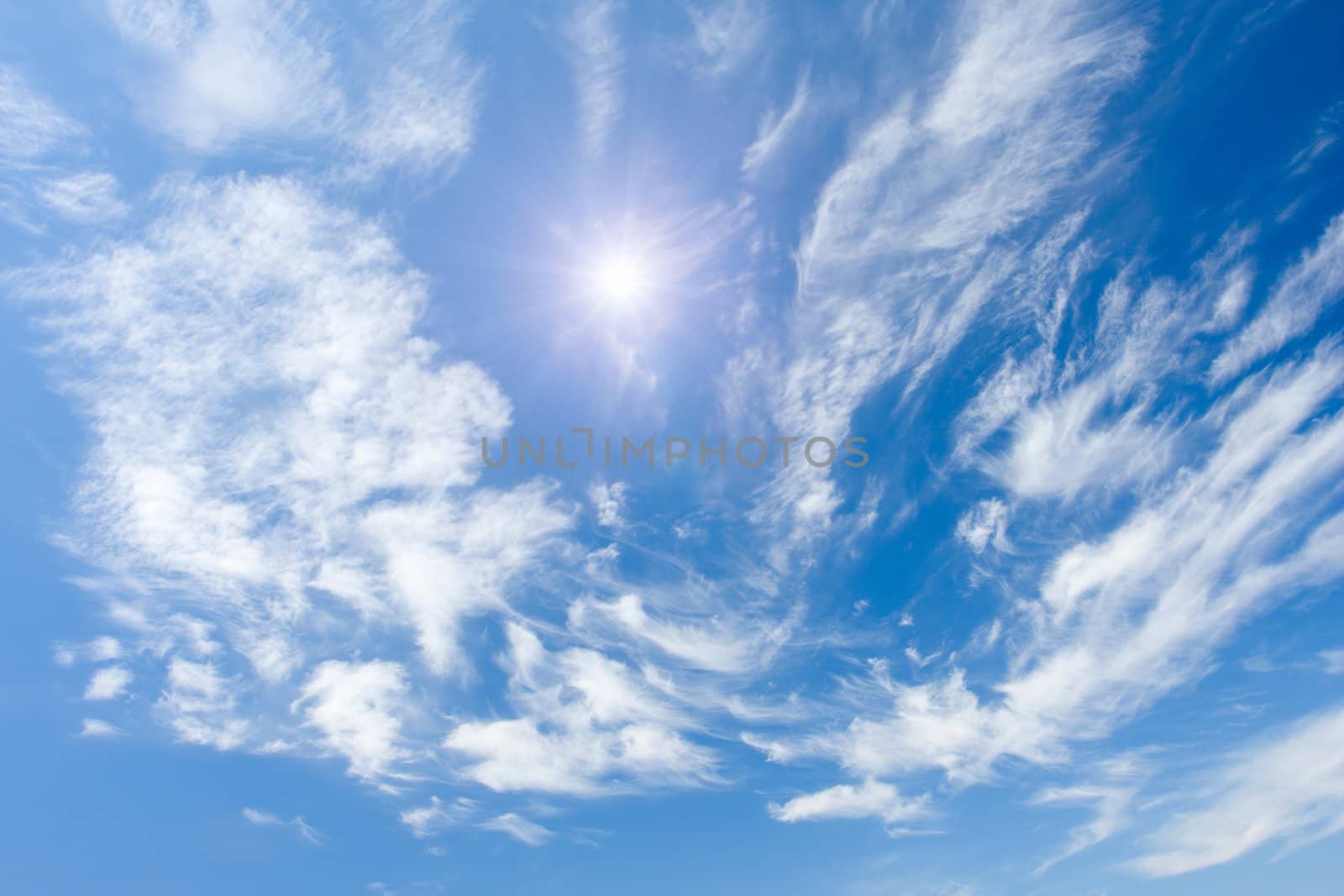 Blue sky with sun and clouds