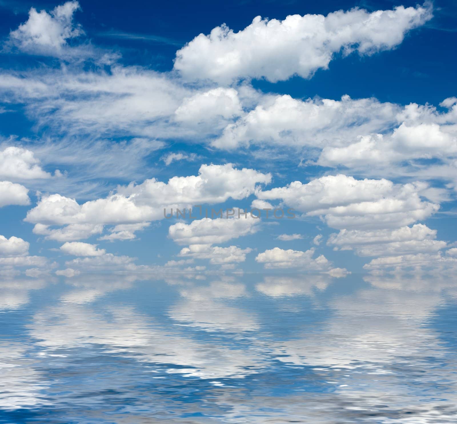 Blue sky with small clouds and reflection in rendered water