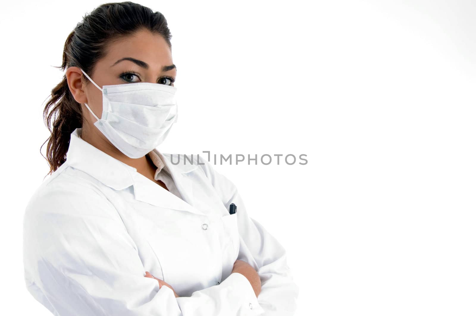 side view of doctor with mask on her mouth on an isolated white background