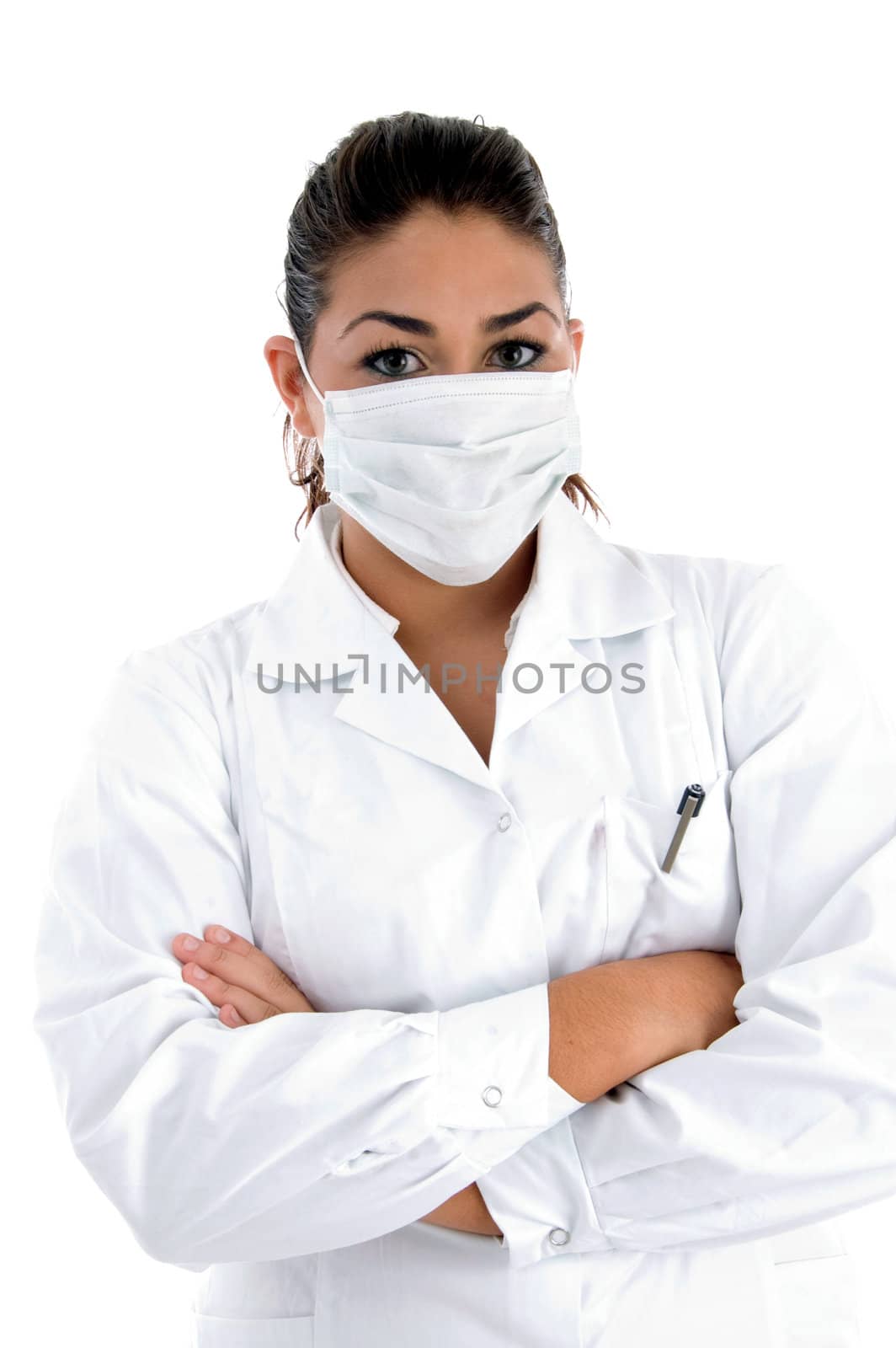 doctor with mask on her mouth on an isolated background
