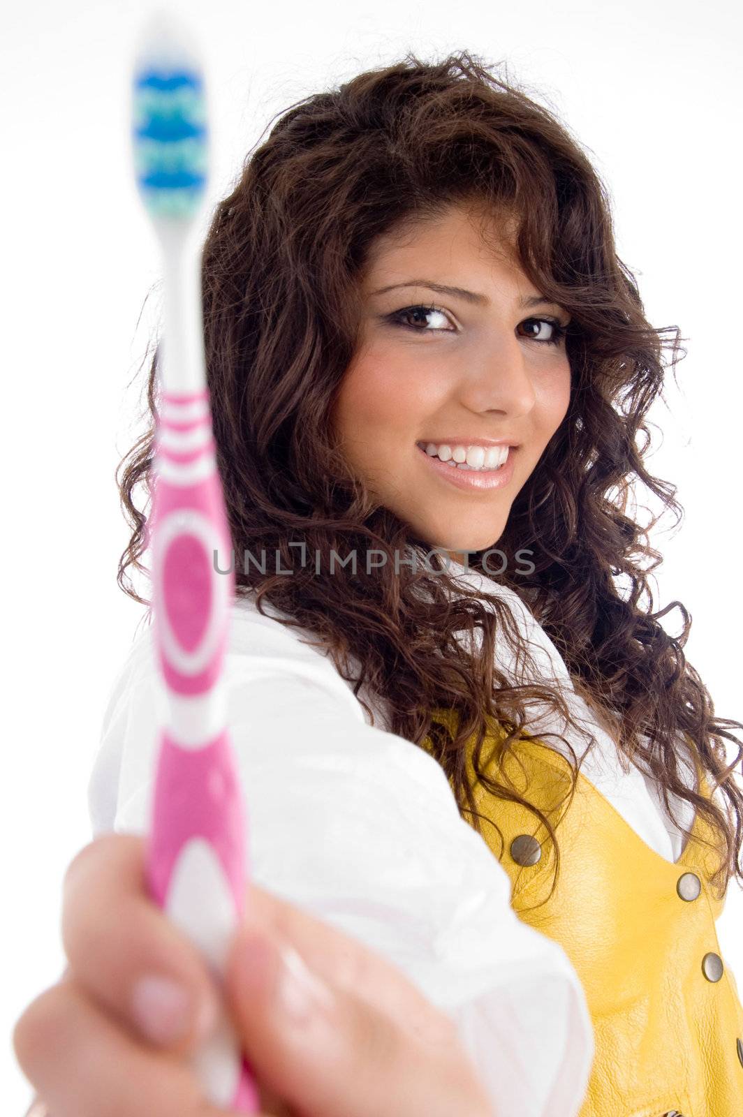 woman with tooth brush on an isolated white background