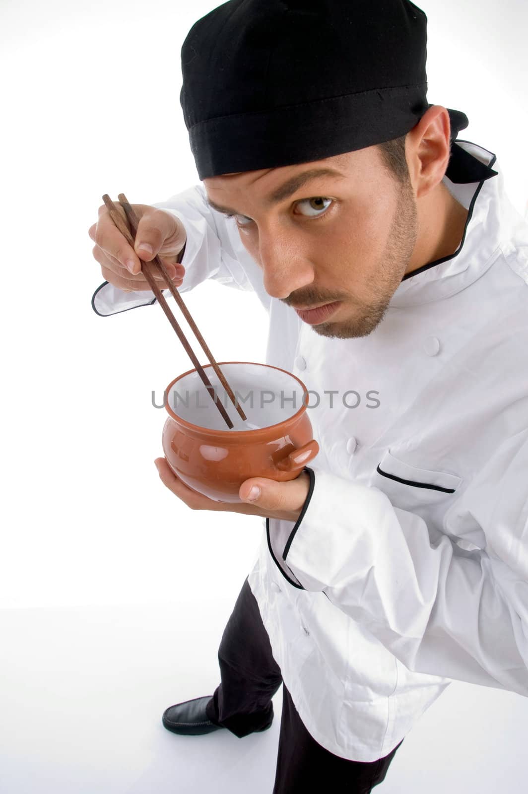 chef with chopsticks and bowl with white background