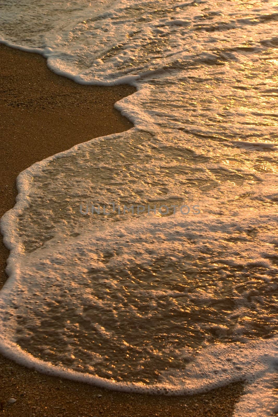 sea wave on sand beach in time of sunset