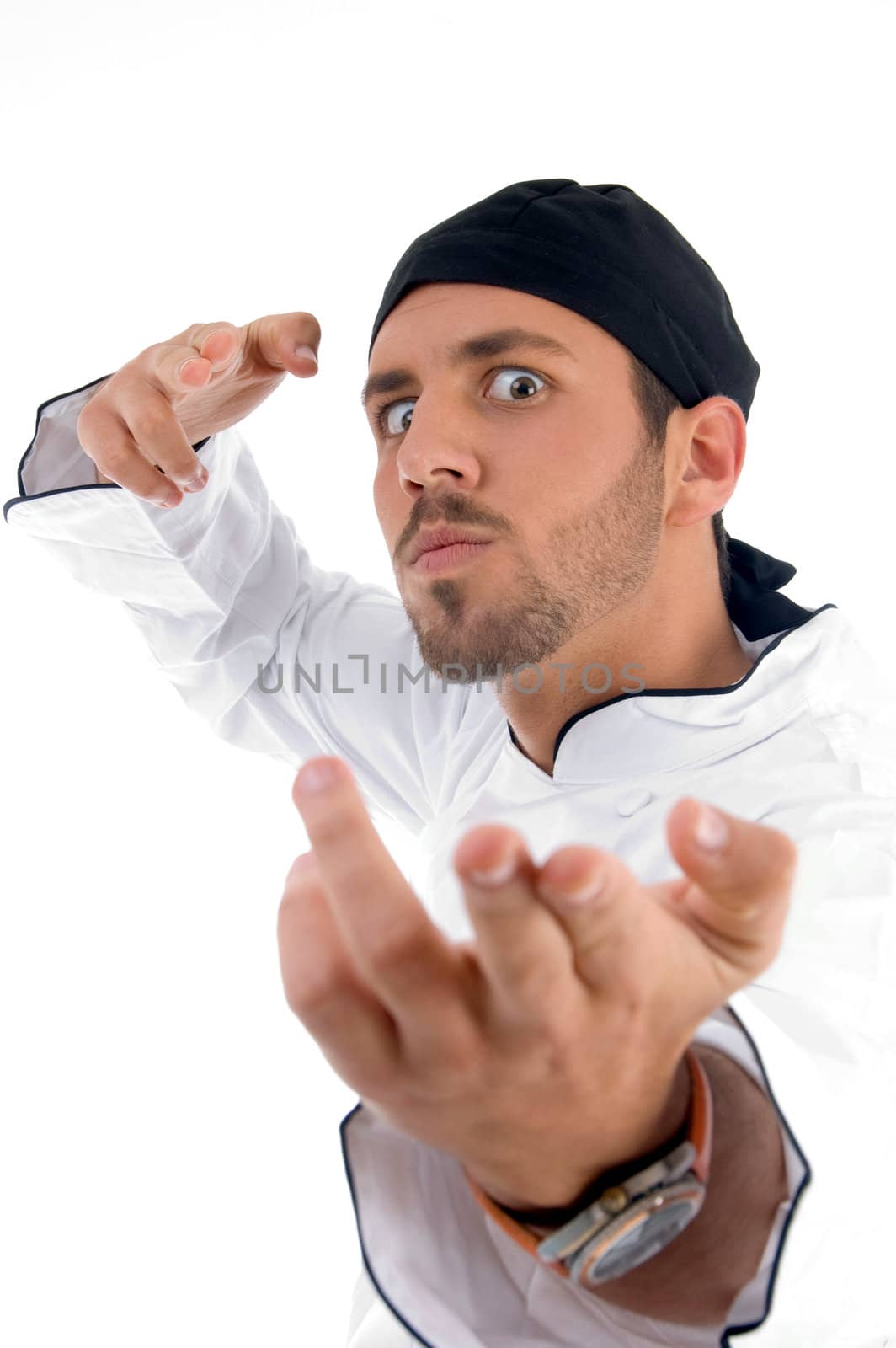 chef making hand gesture on an isolated white background