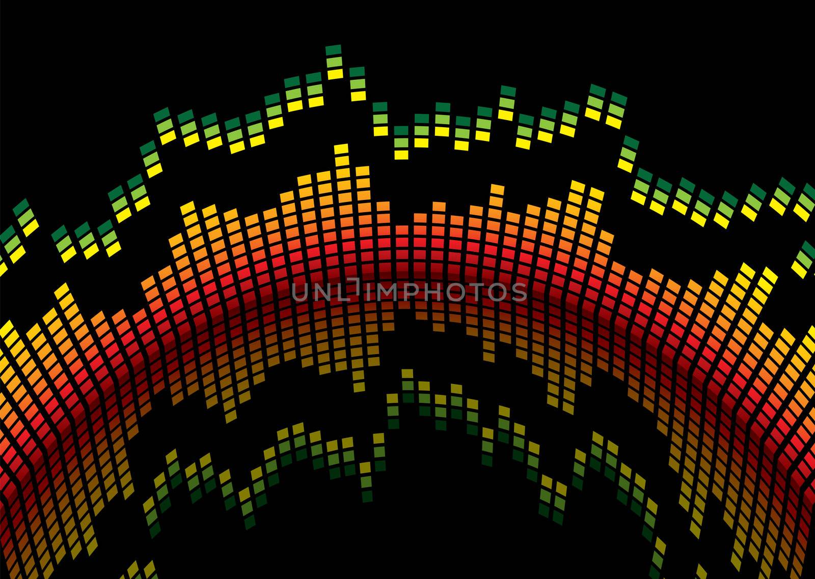 Graphical equaliser readout in red and yellow and black background