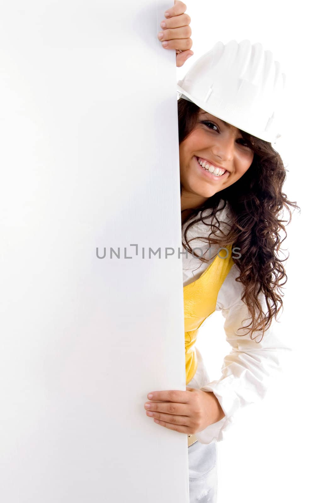 young architect with placard on an isolated white background